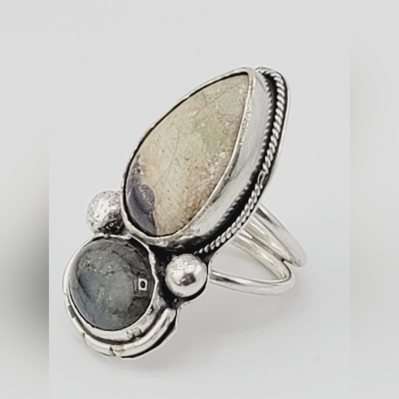 JASPER & LABRADORITE STATEMENT RING HANDMADE IN STERLING SILVER METAL SIZE 8.5 - Picture 1 of 5